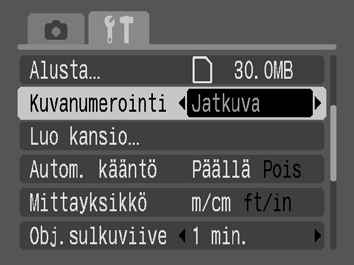 142 Kuvanumeron muuttaminen Ottamillesi kuville määritetään automaattisesti kuvanumerot. Voit valita, miten kuvanumero määritetään. Jatkuva Aut.