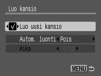 144 Kuvien muistipaikan (kansion) luominen Voit luoda koska tahansa uuden kansion, jolloin ottamasi kuvat tallentuvat luomaasi kansioon automaattisesti. Luo uusi kansio Autom.