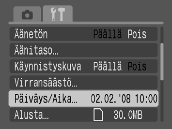 Valmistelut 13 Päiväyksen ja kellonajan asettaminen Päiväys/Aika ja kellonajan asetusvalikko tulee näyttöön, kun kameraan kytketään ensimmäisen kerran virta.