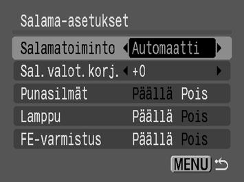 87 Tietoja punasilmäkorjauksesta Kun [Punasilmät]-asetuksen arvo on [Päällä], vain korjattu kuva tallennetaan muistikortille.