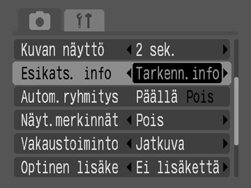 90 Tarkennuksen tarkistaminen heti kuvaamisen jälkeen (Tarkenn.info) Mahdollistaa otetun kuvan tarkennuksen tarkistamisen.