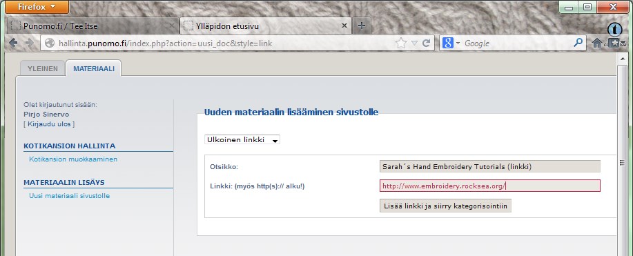 3.3. MATERIAALIN LISÄYSTAPOJEN ESITTELY 3.3.1. Ulkinen linkki - linkki sivustn ulkpuliseen materiaaliin, jka sijaitsee fyysisesti muualla kuin Punm.