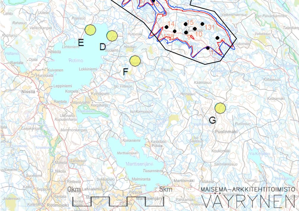 KAJAANIN KAUPUNKI 104 Vilkkumismallinnus Kuvassa 45 (Kuva 45) on vilkkumiskartta, jossa näkyy sinisellä 8 tunnin vuotuinen vilkkumisalueen ulkoraja ja punaisella 10 tunnin vuotuisen vilkkumisen raja.