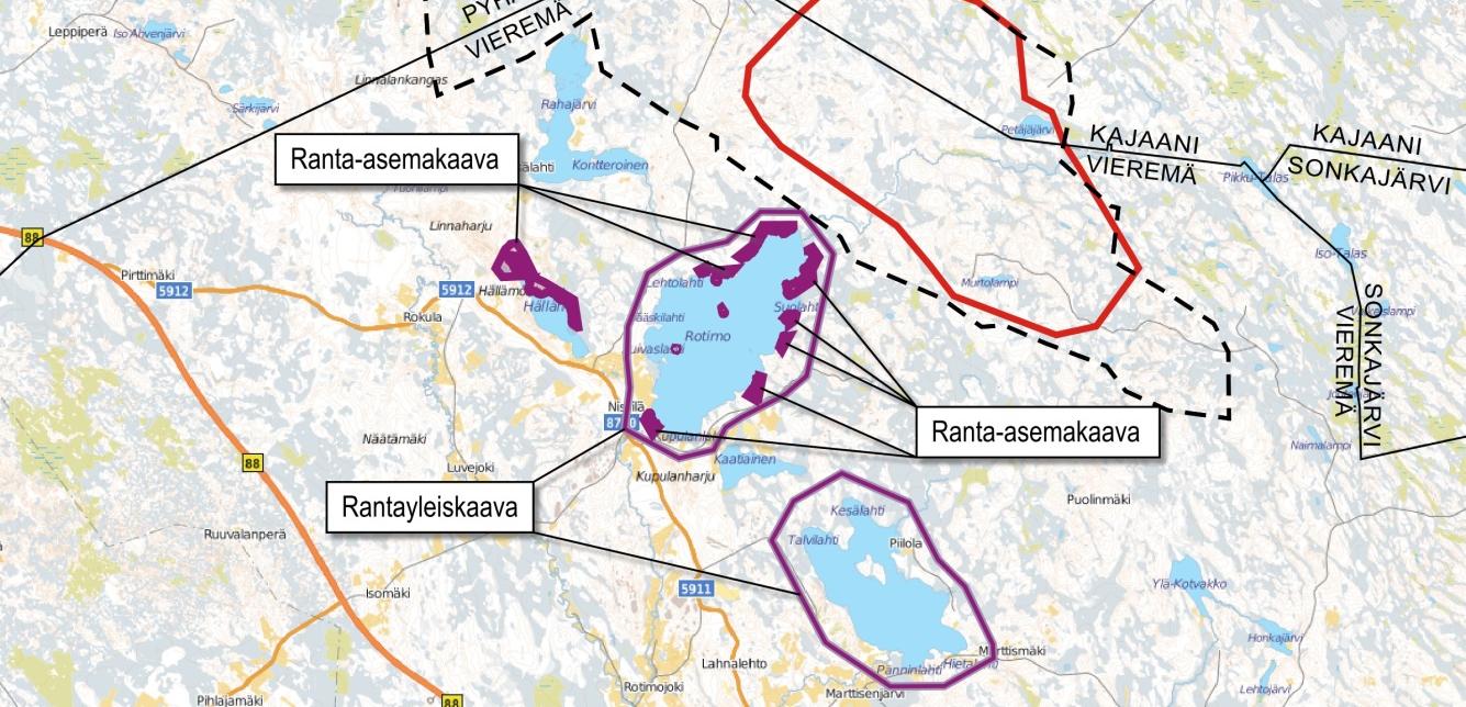 KAJAANIN KAUPUNKI 27 Kuva 13. Kaavoitustilanne ja muut tuulivoimapuistojen hankealueet sekä valtausalueet suunnittelualueen läheisyydessä.