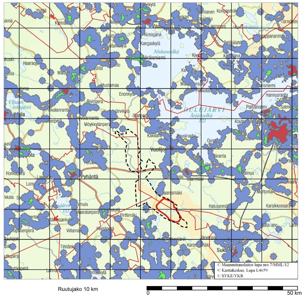 KAJAANIN KAUPUNKI 56 4.15 Yhdyskuntarakenne, rakennettu ympäristö 4.15.1 Yhdyskuntarakenne Tuulivoimapuisto sijoittuu noin 40 kilometriä Kajaanin kaupungista lounaaseen Kajaanin kaupungin ja Vieremän kunnan alueille.