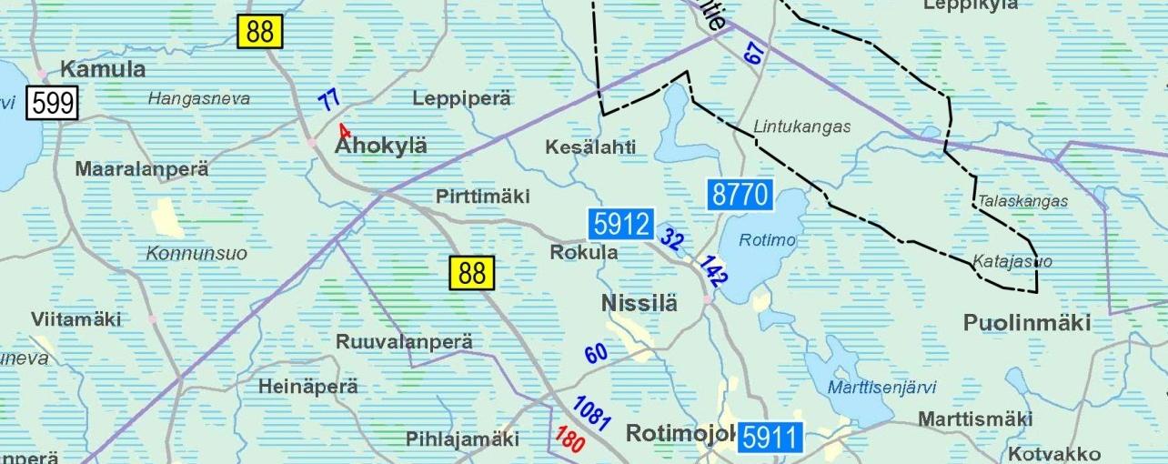 KAJAANIN KAUPUNKI 60 Kuva 31. Nykyinen liikenneverkko ja keskimääräinen ajoneuvoliikennemäärä vuorokaudessa suunnittelualueen lähiympäristössä. Kuvassa on näytetty YVA-hankealueen rajaus.