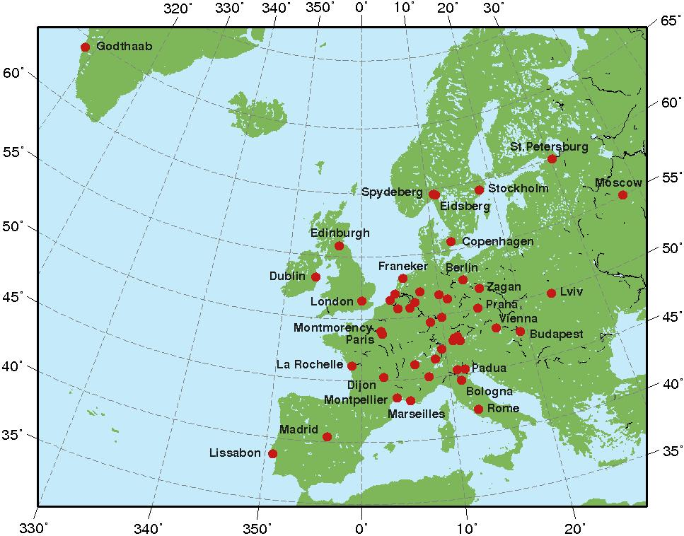 Societas Meteorologica Palatina 1780-1795 Mannheimin Meteorologisen Seuran havaintoasemat Euroopassa.