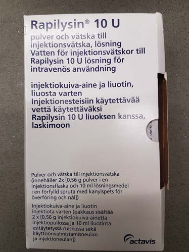 Akuutin lääkehoidon opas 29(43) Reteplaasi HOITOTASON LÄÄKE + KONSULTAATIO Vahvuudet: Infuusiokuiva-aine 10IU x 2 + 10ml liuotin (Rapilysin ).