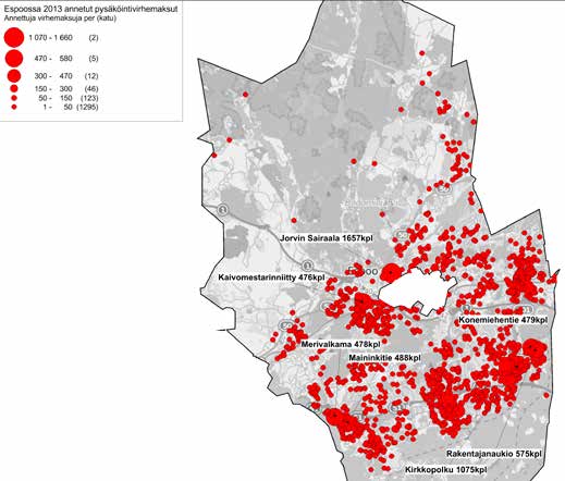 Pysäköintivirhemaksujen jakautuminen maantieteellisesti on esitetty alla olevassa kuvassa. Kuvasta havaitaan että virhemaksut jakautuvat hyvin tasaisesti ympäri Espoota.