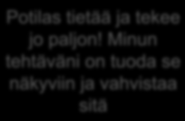 Potilaassa on vika - minun tehtäväni on löytää se ja korjata Ammattihenkilölähtöisyys Hoitomyöntyvyys (compliance) Hoitoon sitoutuminen (adherence) Hoidosta sopiminen (concordance) Omahoito