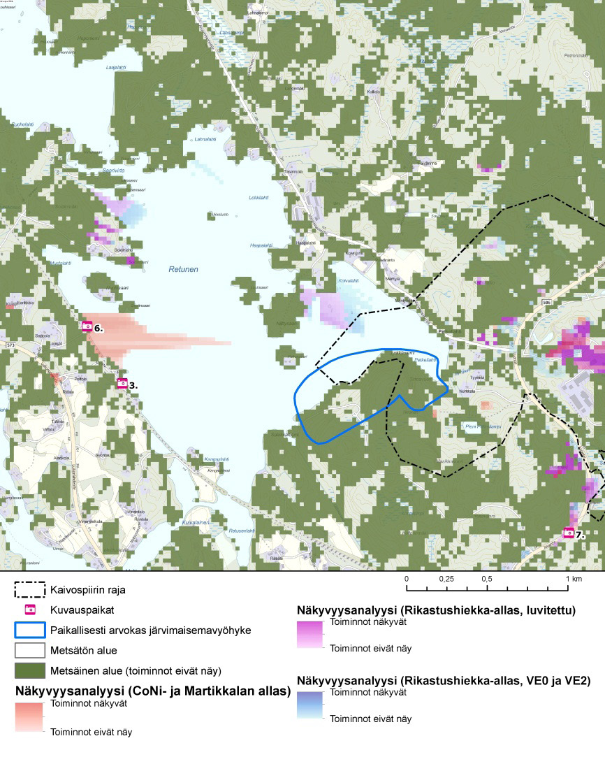 Kuva 8-10. Näkyvyysanalyysi vaihtoehdoissa VE0 ja VE2. Kuvassa rikastushiekka-altaan jo luvitetun koron, +148,5 m mpy, mukainen näkyvyysanalyysi violetilla.