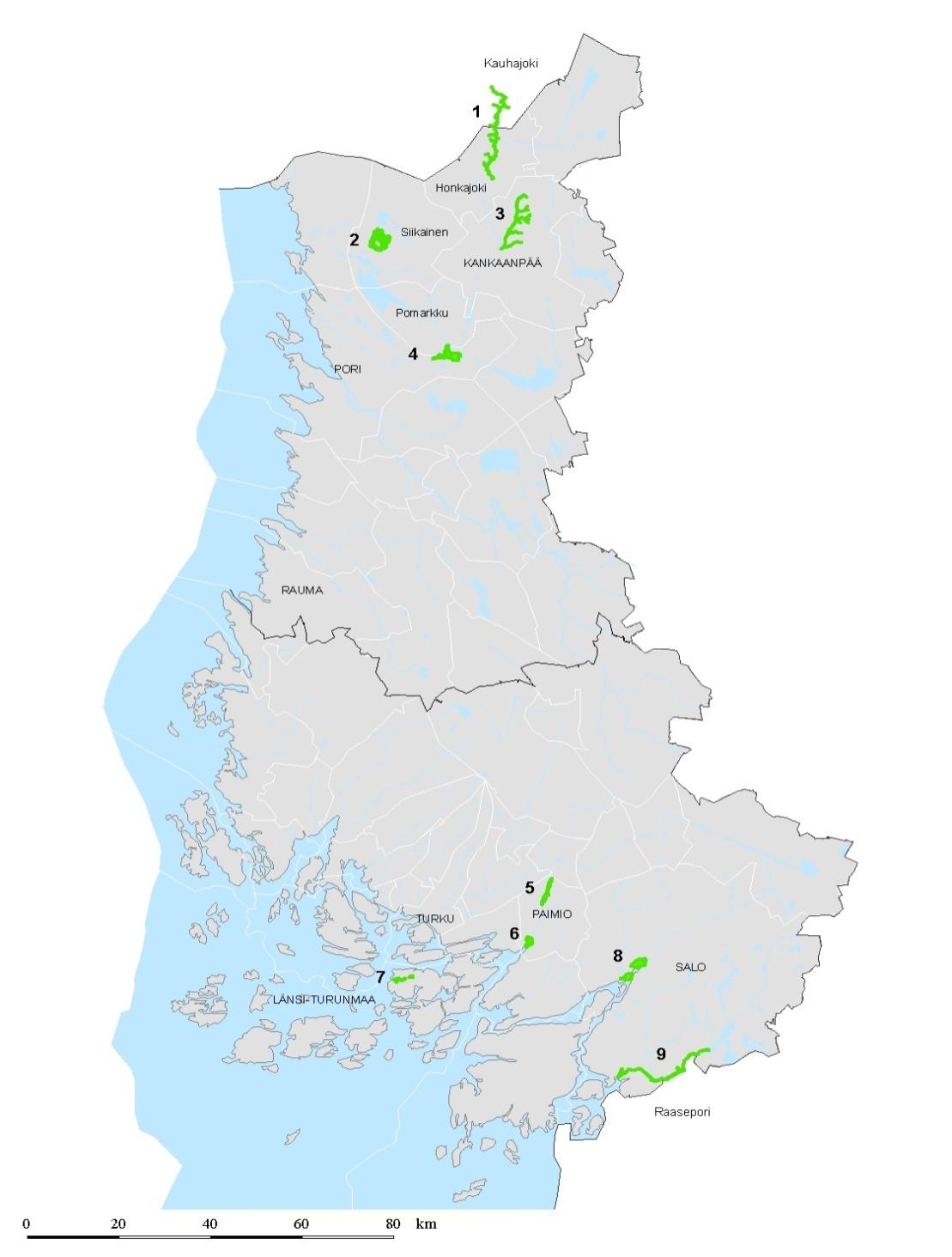 Natura 2000 kohteiden hoito ja käyttö 2/3 Satakunta 1) Karvianjoen kosket (80 ha, Honkajoki ja Kauhajoki) 2) Niemijärvi-Itäjärvi (738 ha, Siikainen) 3) Pukanluoma (25 ha, Kankaanpää) 4) Inhottujärvi