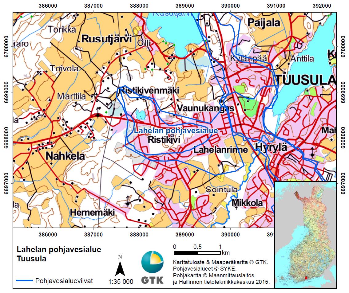 Pohjavesialueen geologinen rakenneselvitys 1 Lahelan pohjavesialue, Tuusula 1 JOHANTO 11 Yleistä Geologian tutkimuskeskuksen (GTK) Pohjavesiyksikkö on tehnyt geologisen rakenneselvityksen Lahelan