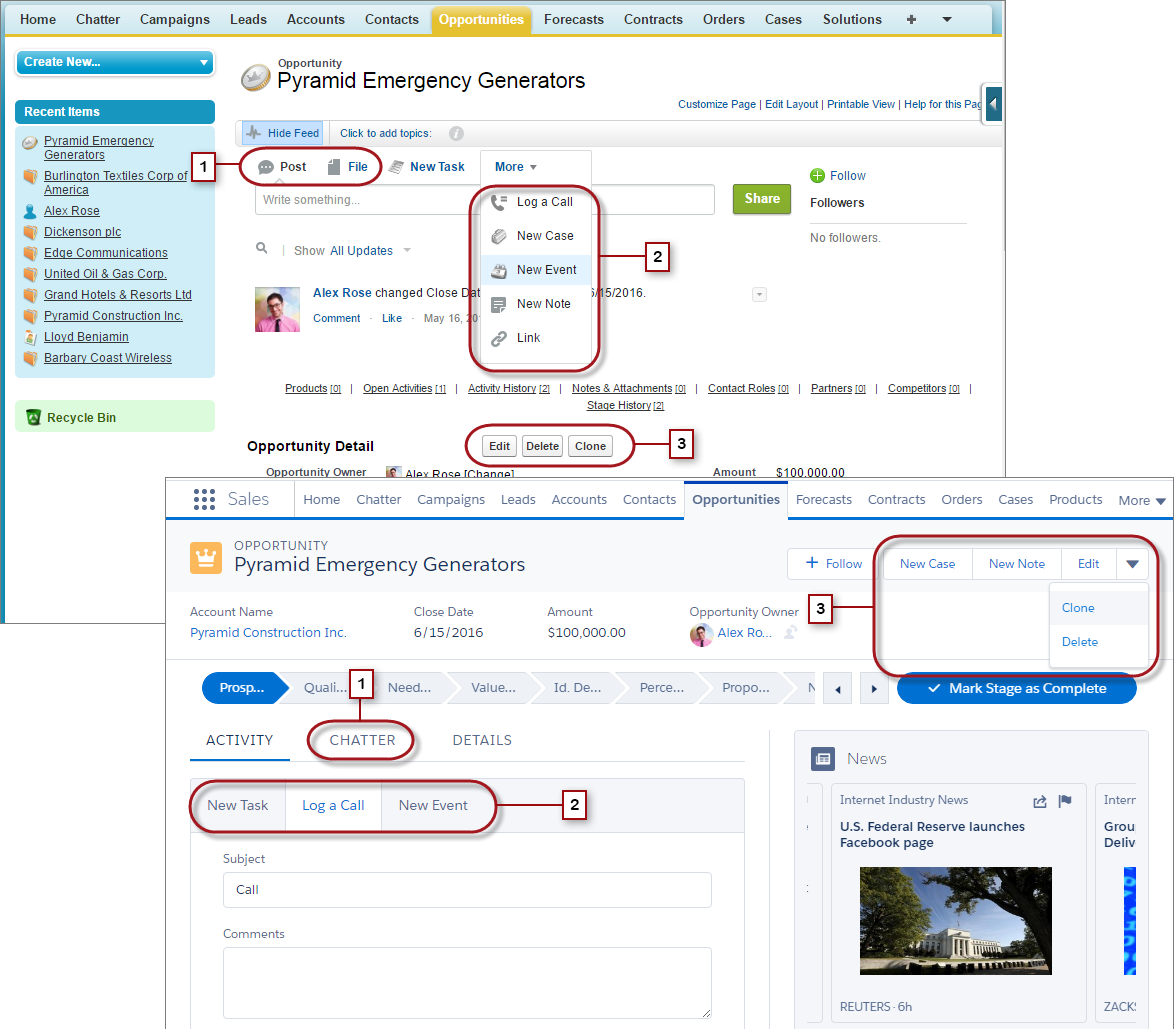 Toimintojen ja painikkeiden löytäminen Lightning Experiencessa Toimintojen ja painikkeiden löytäminen Lightning Experiencessa Salesforce Classic näyttää toimintoja Chatter-julkaisijassa ja