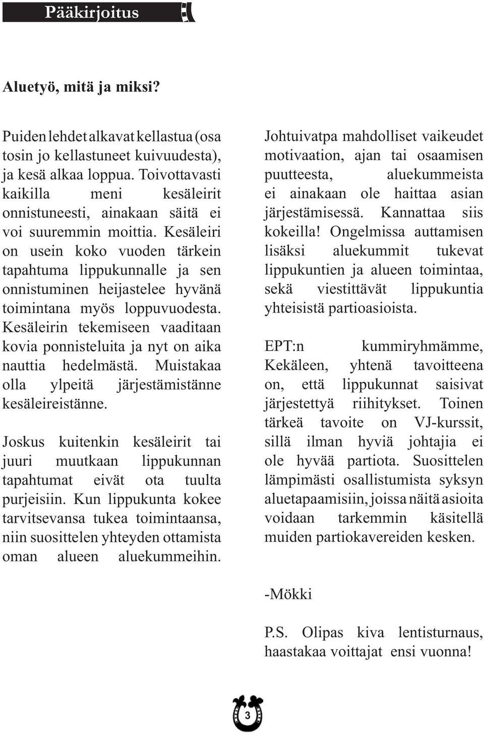 Kesäleiri on usein koko vuoden tärkein tapahtuma lippukunnalle ja sen onnistuminen heijastelee hyvänä toimintana myös loppuvuodesta.