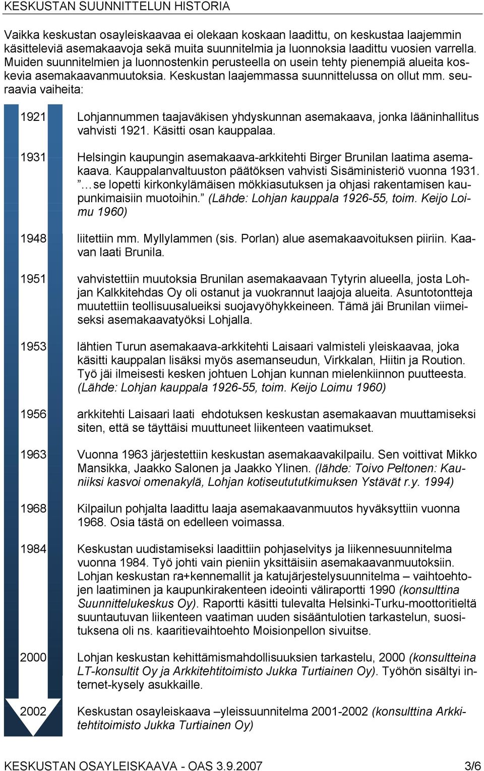 seuraavia vaiheita: 1921 Lohjannummen taajaväkisen yhdyskunnan asemakaava, jonka lääninhallitus vahvisti 1921. Käsitti osan kauppalaa.