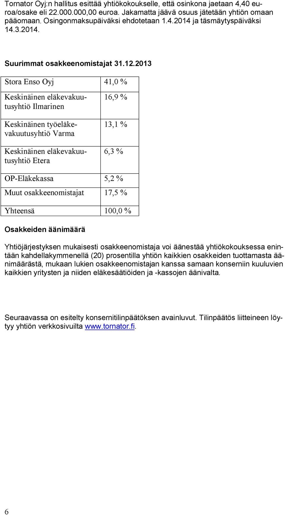 2013 Stora Enso Oyj 41,0 % Keskinäinen eläkevakuutusyhtiö Ilmarinen Keskinäinen työeläkevakuutusyhtiö Varma Keskinäinen eläkevakuutusyhtiö Etera 16,9 % 13,1 % 6,3 % OP-Eläkekassa 5,2 % Muut