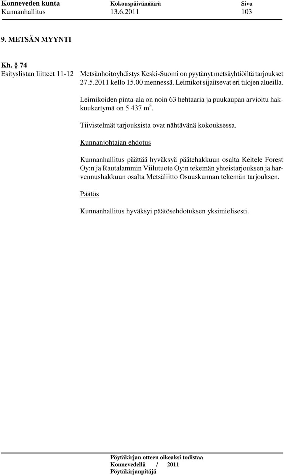 Leimikot sijaitsevat eri tilojen alueilla. Leimikoiden pinta-ala on noin 63 hehtaaria ja puukaupan arvioitu hakkuukertymä on 5 437 m 3.