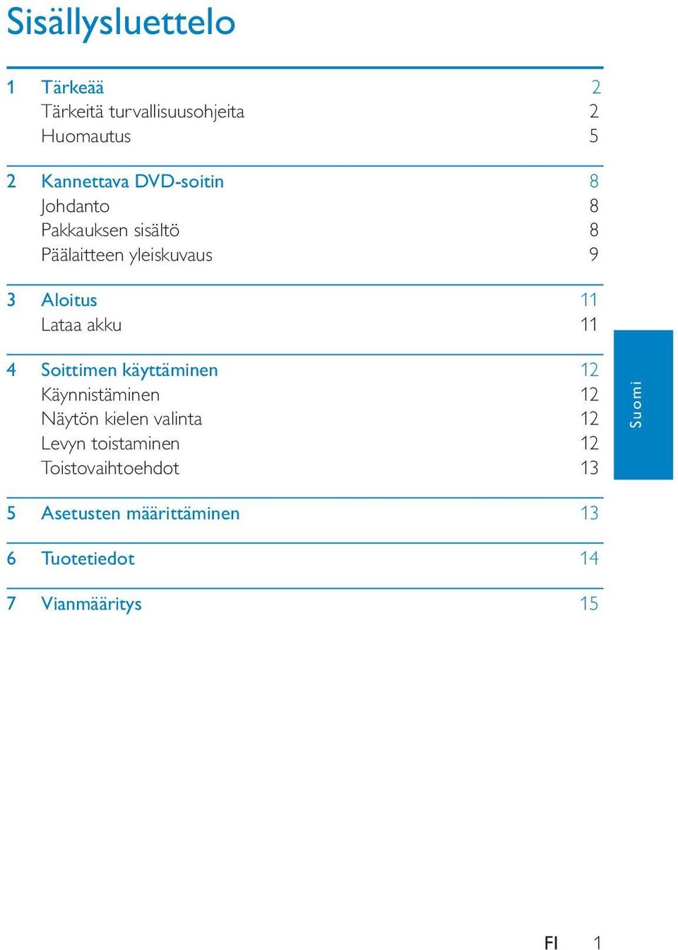 akku 11 4 Soittimen käyttäminen 12 Käynnistäminen 12 Näytön kielen valinta 12 Levyn