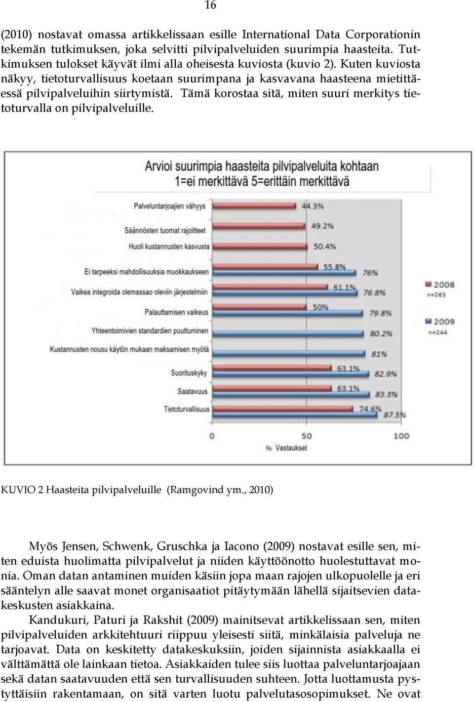 Tämä korostaa sitä, miten suuri merkitys tietoturvalla on pilvipalveluille. KUVIO 2 Haasteita pilvipalveluille (Ramgovind ym.