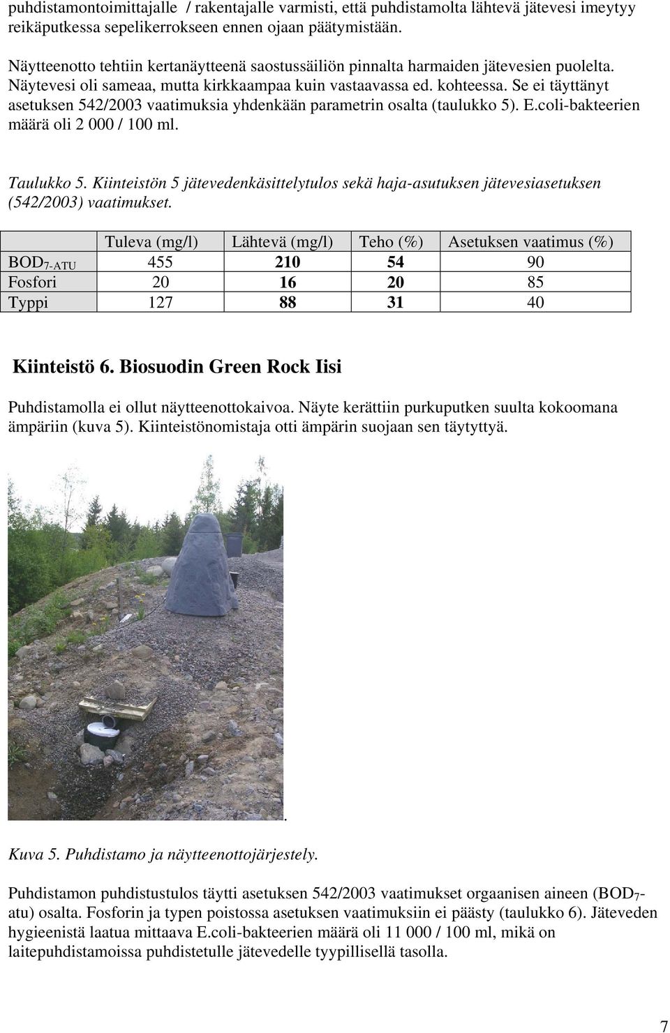 Se ei täyttänyt asetuksen 542/2003 vaatimuksia yhdenkään parametrin osalta (taulukko 5). E.coli-bakteerien määrä oli 2 000 / 100 ml. Taulukko 5.