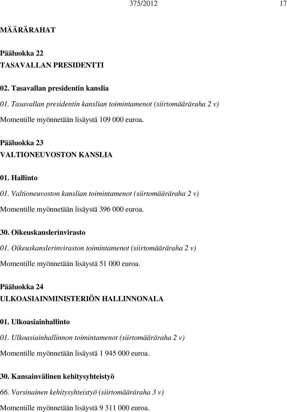 Valtioneuvoston kanslian toimintamenot (siirtomääräraha 2 v) Momentille myönnetään lisäystä 396 000 euroa. 30. Oikeuskanslerinvirasto 01.