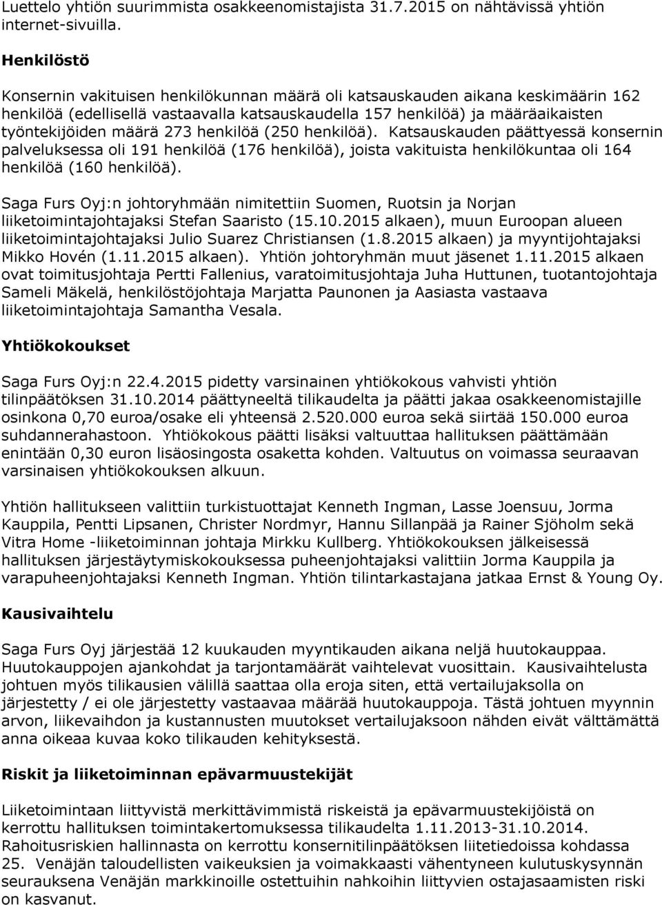 henkilöä (250 henkilöä). Katsauskauden päättyessä konsernin palveluksessa oli 191 henkilöä (176 henkilöä), joista vakituista henkilökuntaa oli 164 henkilöä (160 henkilöä).