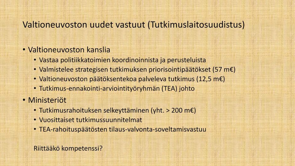 palveleva tutkimus (12,5 m ) Tutkimus-ennakointi-arviointityöryhmän (TEA) johto Ministeriöt Tutkimusrahoituksen