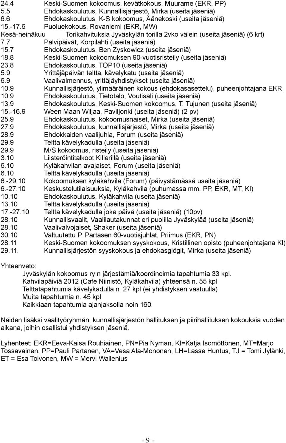 7 Ehdokaskoulutus, Ben Zyskowicz (useita jäseniä) 18.8 Keski-Suomen kokoomuksen 90-vuotisristeily (useita jäseniä) 23.8 Ehdokaskoulutus, TOP10 (useita jäseniä) 5.