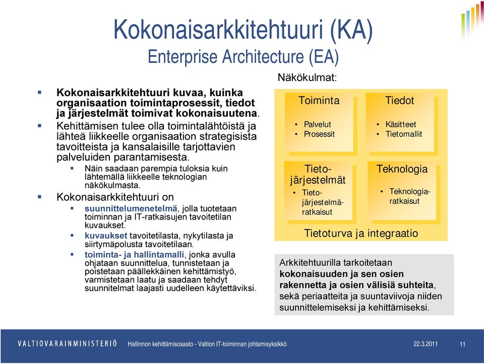Näin saadaan parempia tuloksia kuin lähtemällä liikkeelle teknologian näkökulmasta. Kokonaisarkkitehtuuri on suunnittelumenetelmä, jolla tuotetaan toiminnan ja IT-ratkaisujen tavoitetilan kuvaukset.