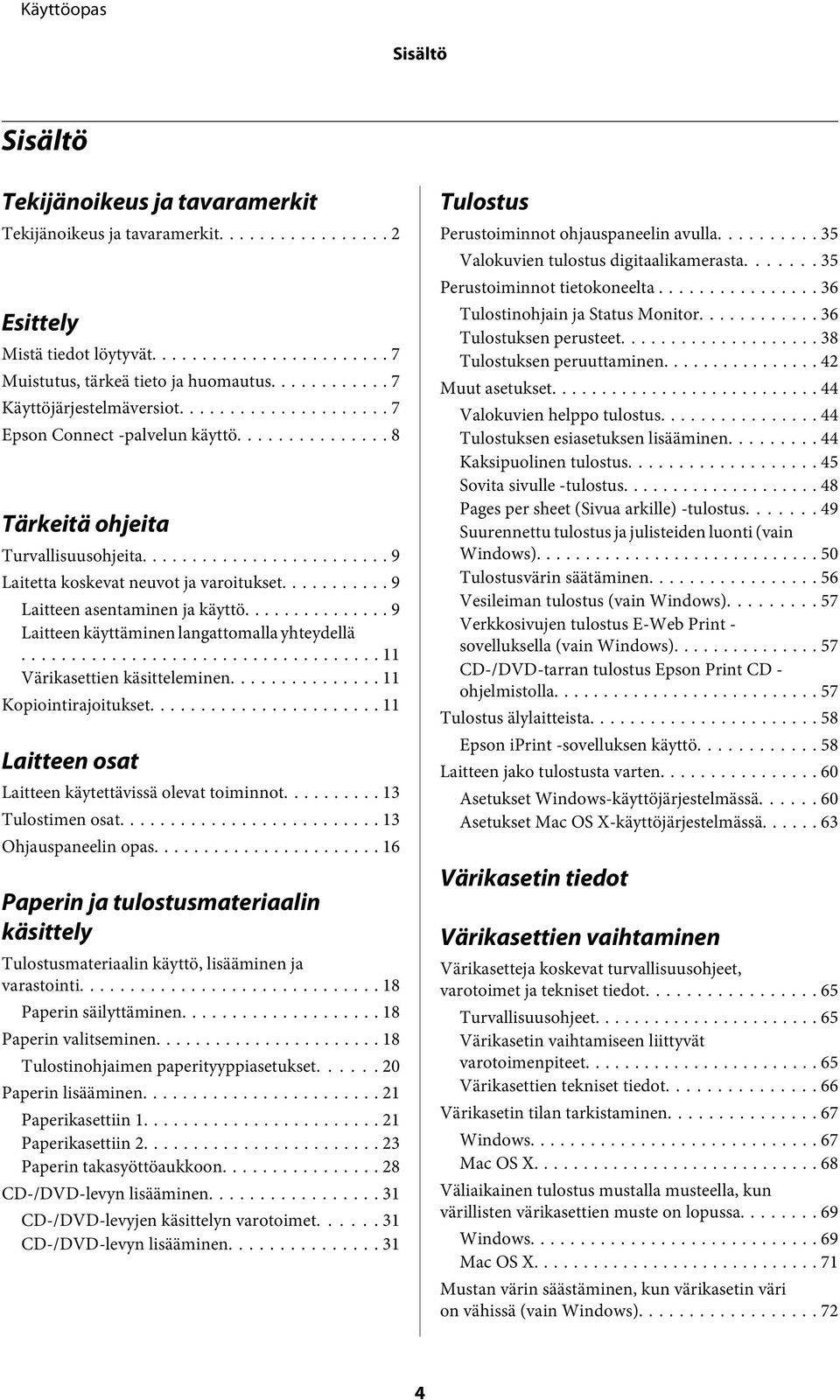 .. 9 Laitteen käyttäminen langattomalla yhteydellä... 11 Värikasettien käsitteleminen... 11 Kopiointirajoitukset... 11 Laitteen osat Laitteen käytettävissä olevat toiminnot... 13 Tulostimen osat.