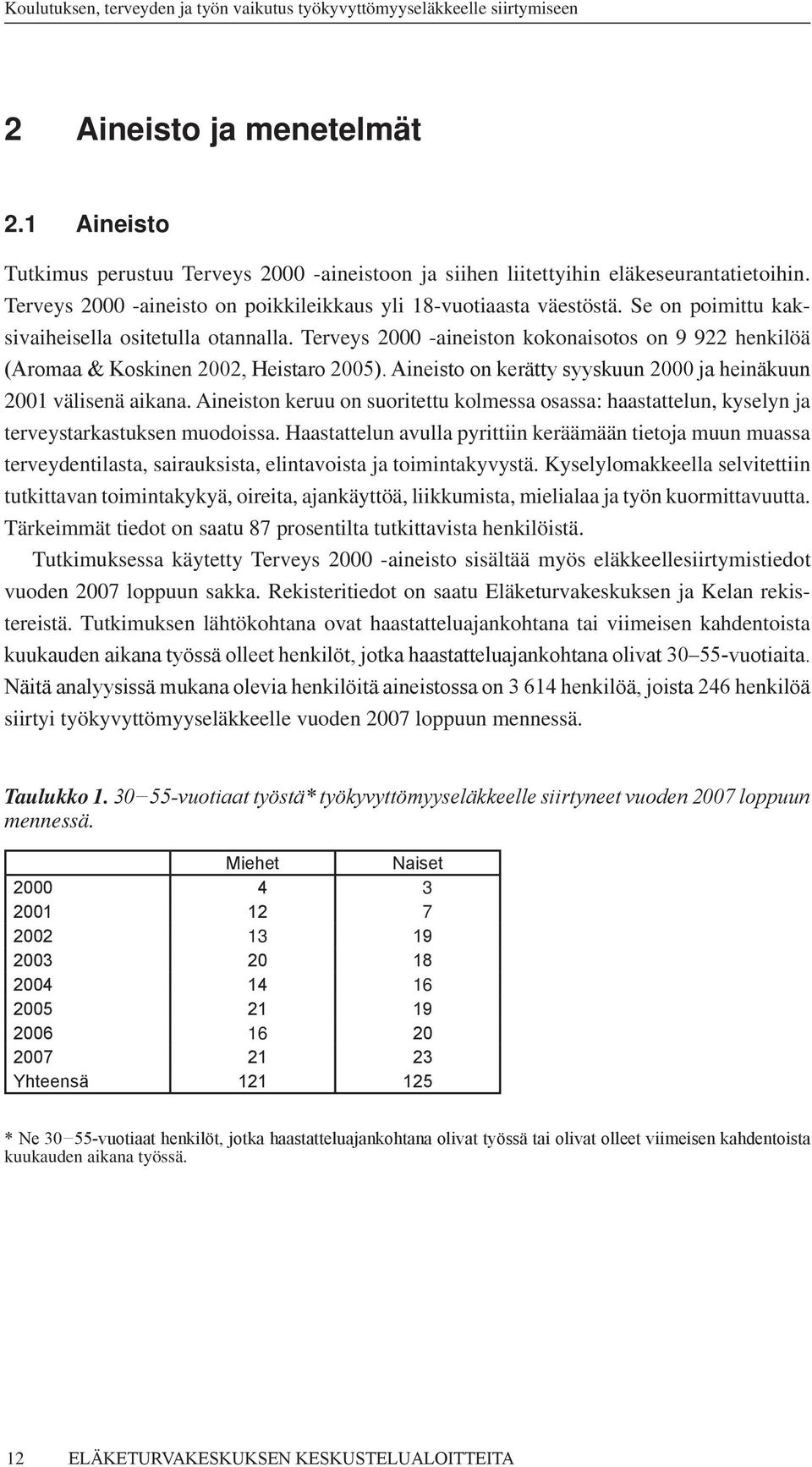 Aineisto on kerätty syyskuun 2000 ja heinäkuun 2001 välisenä aikana. Aineiston keruu on suoritettu kolmessa osassa: haastattelun, kyselyn ja terveystarkastuksen muodoissa.