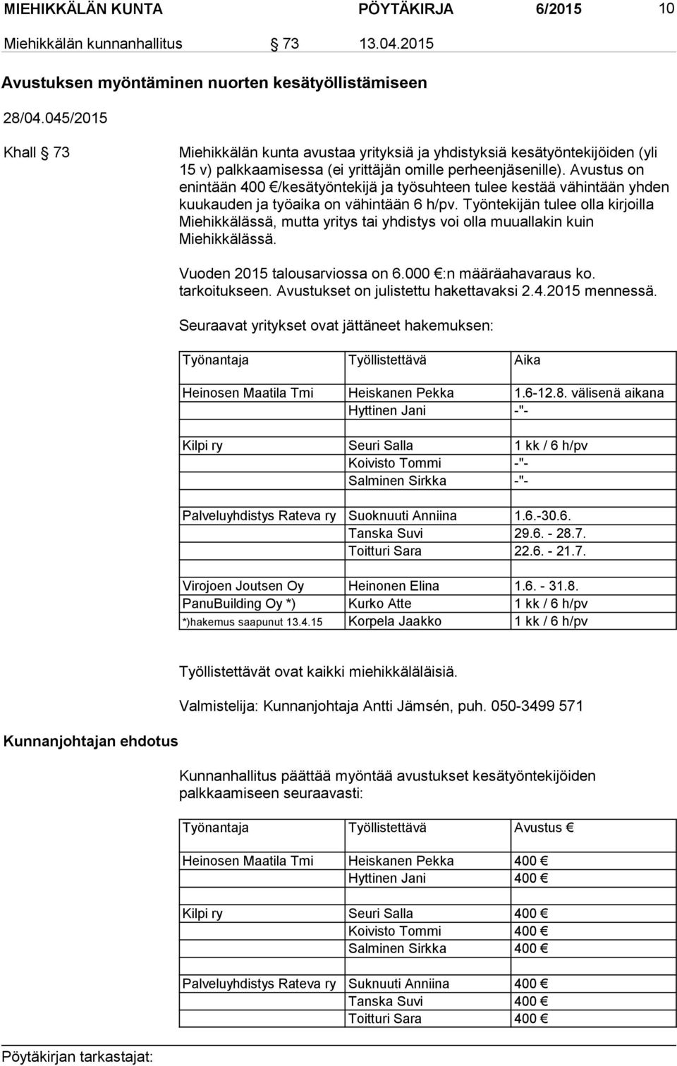 Avustus on enintään 400 /kesätyöntekijä ja työsuhteen tulee kestää vähintään yhden kuukauden ja työaika on vähintään 6 h/pv.