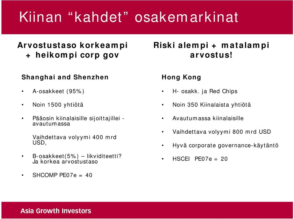 volyymi 400 mrd USD, B-osakkeet(5%) likviditeetti? Ja korkea arvostustaso Hong Kong H- osakk.