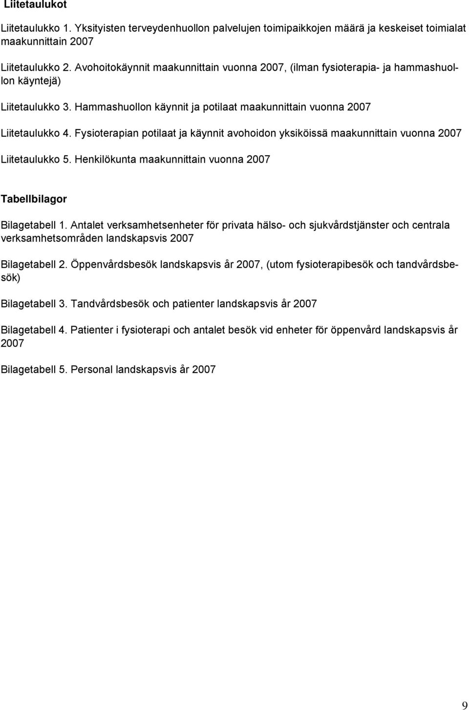Fysioterapian potilaat ja käynnit avohoidon yksiköissä maakunnittain vuonna 2007 Liitetaulukko 5. Henkilökunta maakunnittain vuonna 2007 Tabellbilagor Bilagetabell 1.