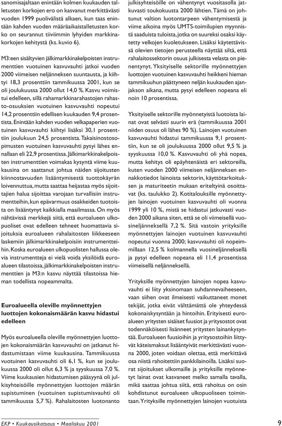 M3:een sisältyvien jälkimarkkinakelpoisten instrumenttien vuotuinen kasvuvauhti jatkoi vuoden 2000 viimeisen neljänneksen suuntausta, ja kiihtyi 18,3 prosenttiin tammikuussa 2001, kun se oli kuussa