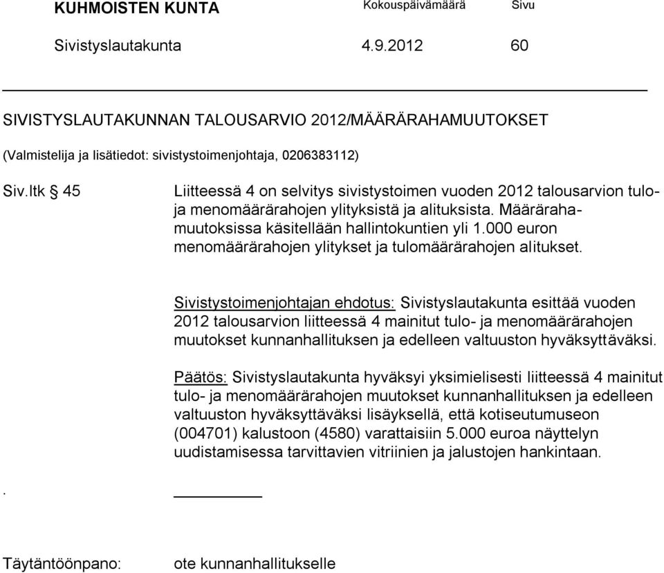 000 euron menomäärärahojen ylitykset ja tulomäärärahojen alitukset.