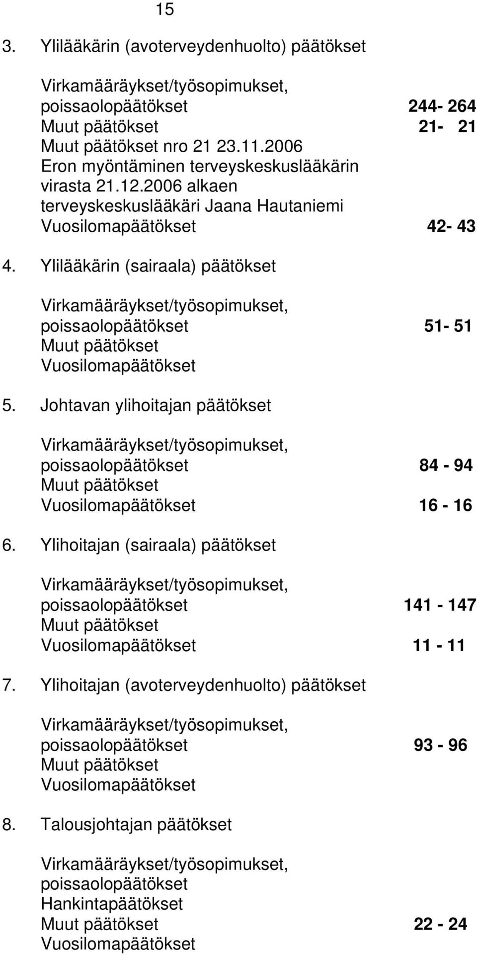 Ylilääkärin (sairaala) päätökset Virkamääräykset/työsopimukset, poissaolopäätökset 51-51 Muut päätökset Vuosilomapäätökset 5.
