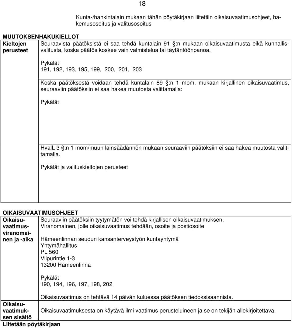 Pykälät 191, 192, 193, 195, 199, 200, 201, 203 Koska päätöksestä voidaan tehdä kuntalain 89 :n 1 mom.