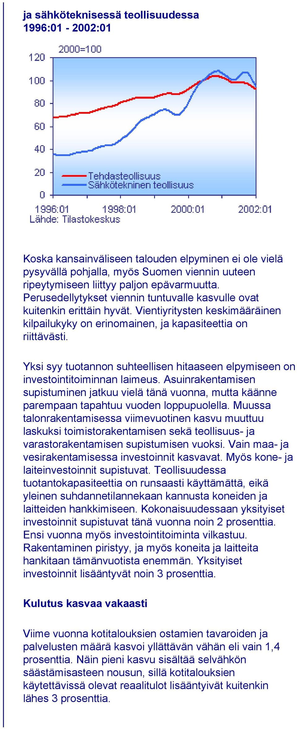 Yksi syy tuotannon suhteellisen hitaaseen elpymiseen on investointitoiminnan laimeus. Asuinrakentamisen supistuminen jatkuu vielä tänä vuonna, mutta käänne parempaan tapahtuu vuoden loppupuolella.