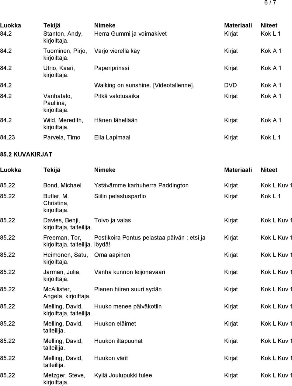 22 Bond, Michael Ystävämme karhuherra Paddington Kirjat Kok L Kuv 1 85.22 Butler, M. Christina, Siilin pelastuspartio Kirjat Kok L 1 85.22 Davies, Benji, Toivo ja valas Kirjat Kok L Kuv 1 85.