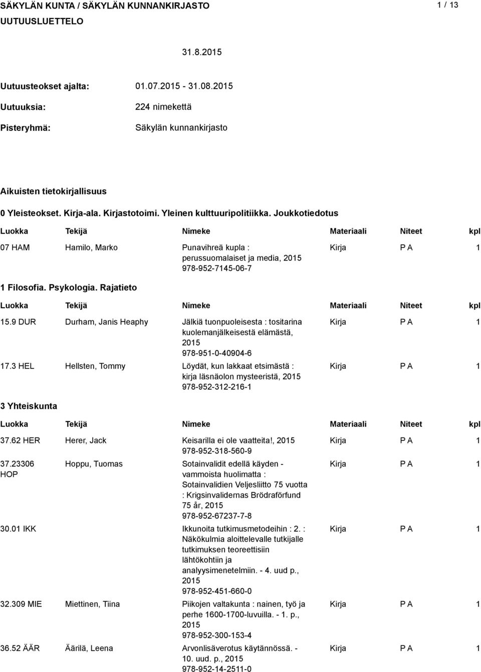 Joukkotiedotus 07 HAM Hamilo, Marko Punavihreä kupla : perussuomalaiset ja media, 205 978-952-745-06-7 Filosofia. Psykologia. Rajatieto 5.