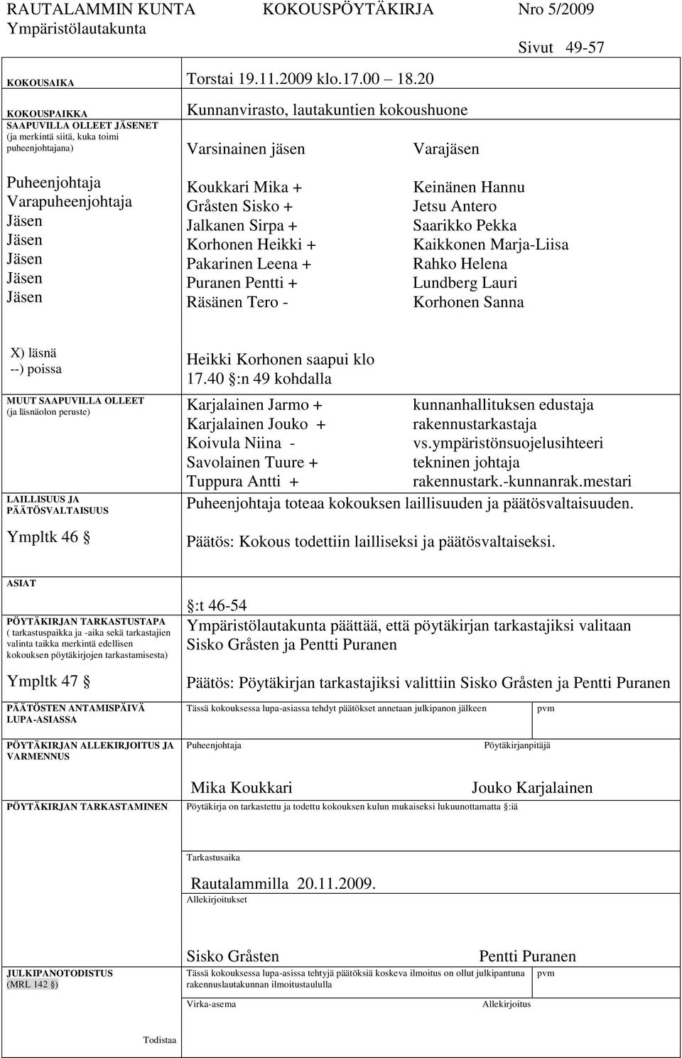 Jäsen Jäsen Jäsen Jäsen Koukkari Mika + Gråsten Sisko + Jalkanen Sirpa + Korhonen Heikki + Pakarinen Leena + Puranen Pentti + Räsänen Tero - Keinänen Hannu Jetsu Antero Saarikko Pekka Kaikkonen