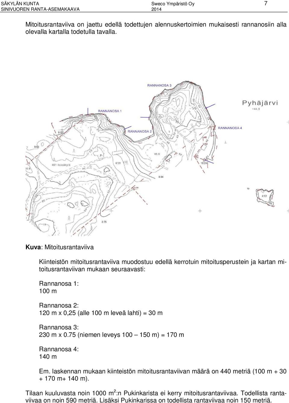 x 0,25 (alle 100 m leveä lahti) = 30 m Rannanosa 3: 230 m x 0.75 (niemen leveys 100 150 m) = 170 m Rannanosa 4: 140 m Em.