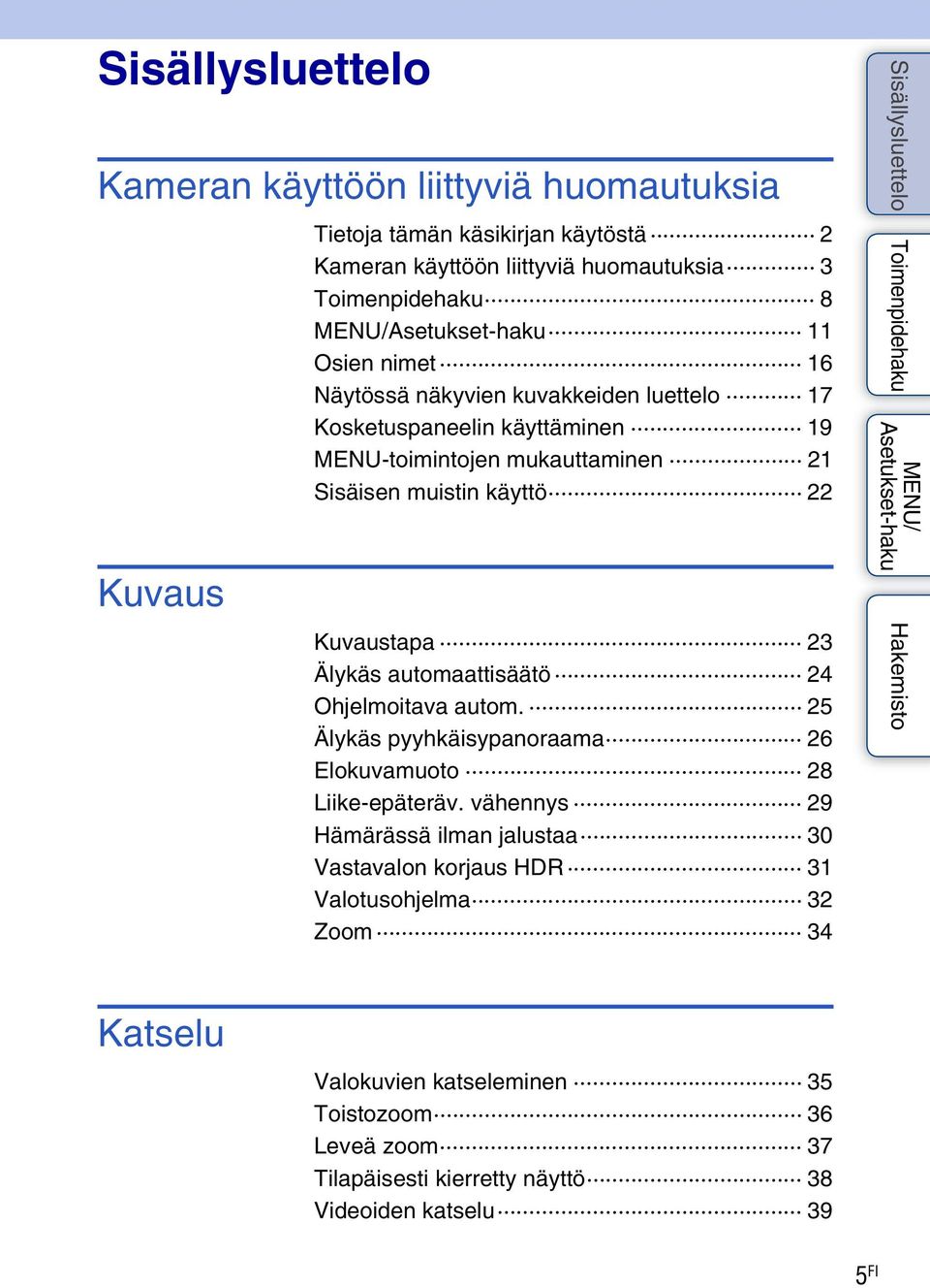 23 Älykäs automaattisäätö 24 Ohjelmoitava autom. 25 Älykäs pyyhkäisypanoraama 26 Elokuvamuoto 28 Liike-epäteräv.