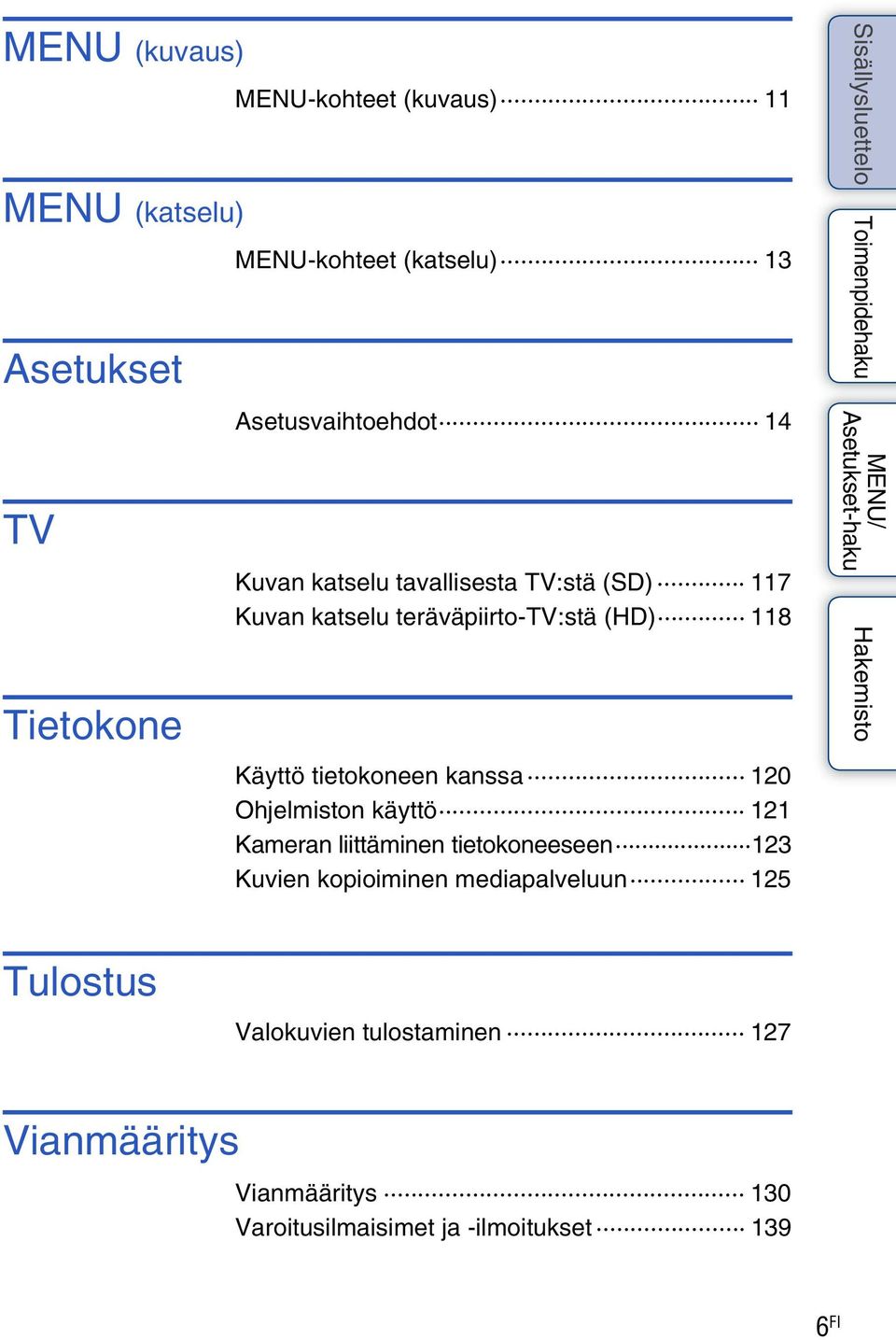 Käyttö tietokoneen kanssa 120 Ohjelmiston käyttö 121 Kameran liittäminen tietokoneeseen 123 Kuvien kopioiminen