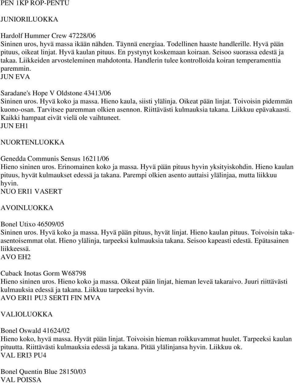 JUN EVA Saradane's Hope V Oldstone 43413/06 Sininen uros. Hyvä koko ja massa. Hieno kaula, siisti ylälinja. Oikeat pään linjat. Toivoisin pidemmän kuono-osan. Tarvitsee paremman olkien asennon.