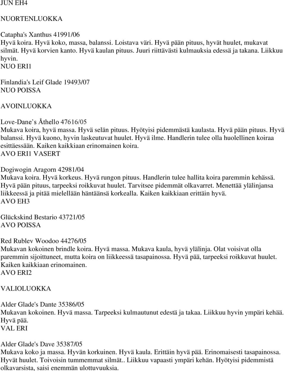 Hyötyisi pidemmästä kaulasta. Hyvä pään pituus. Hyvä balanssi. Hyvä kuono, hyvin laskeutuvat huulet. Hyvä ilme. Handlerin tulee olla huolellinen koiraa esittäessään.