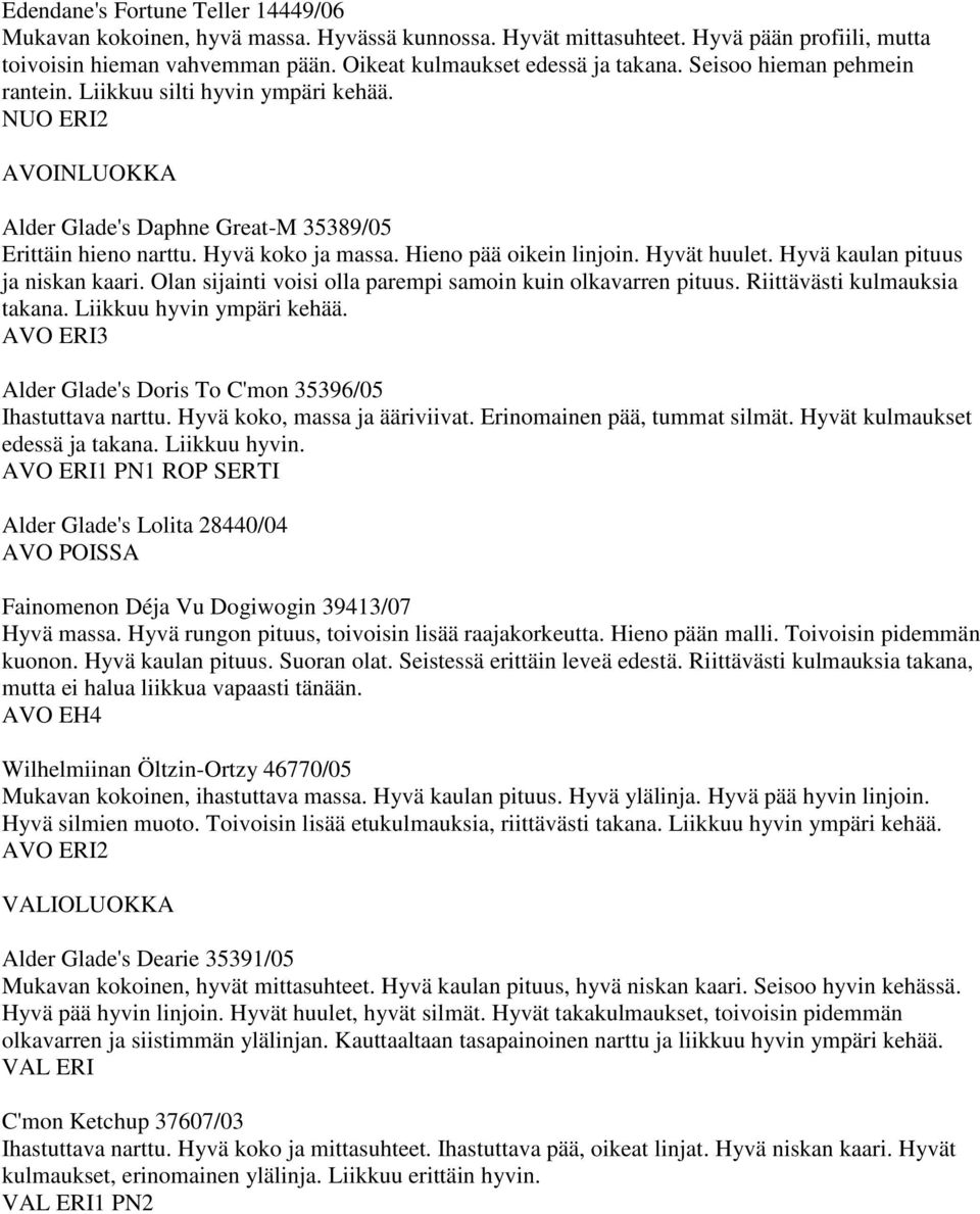 Hyvät huulet. Hyvä kaulan pituus ja niskan kaari. Olan sijainti voisi olla parempi samoin kuin olkavarren pituus. Riittävästi kulmauksia takana. Liikkuu hyvin ympäri kehää.