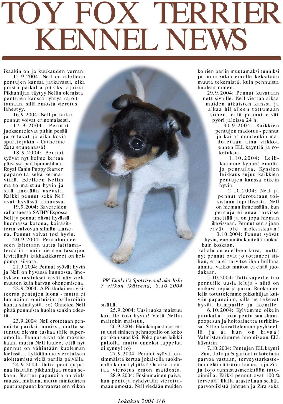 2004: Nell ja kaikki pennut voivat erinomaisesti. 17.9.2004: Pennut juoksentelevat pitkin pesää ja ottavat jo aika kovia spurttejakin - Catherine Zeta etunenässä! 18.9.2004: Pennut syövät nyt kolme kertaa päivässä paistijauhelihaa, Starter papanoita sekä kermaviiliä.